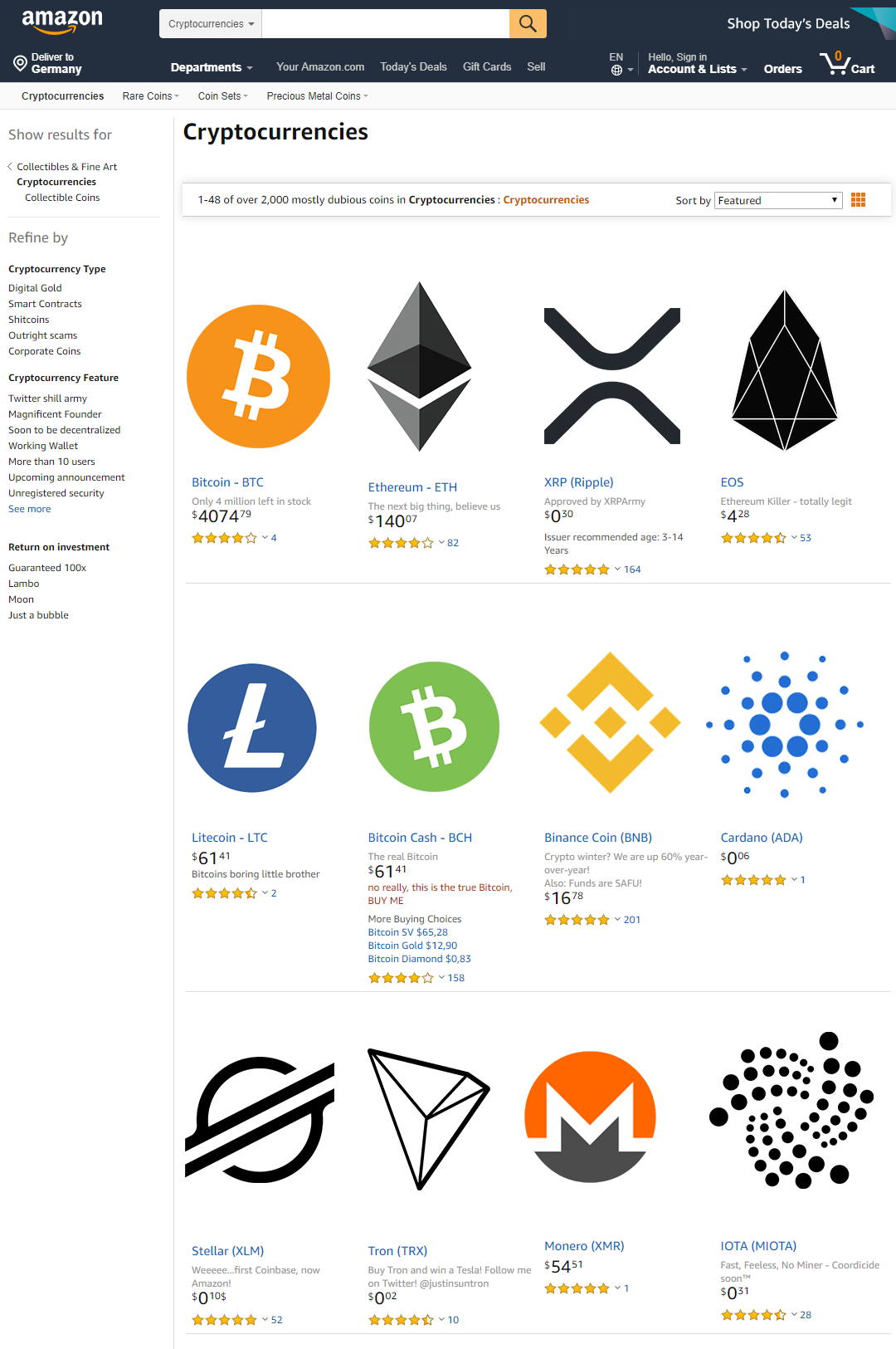 Buy cryptocurrencies on Amazon.com